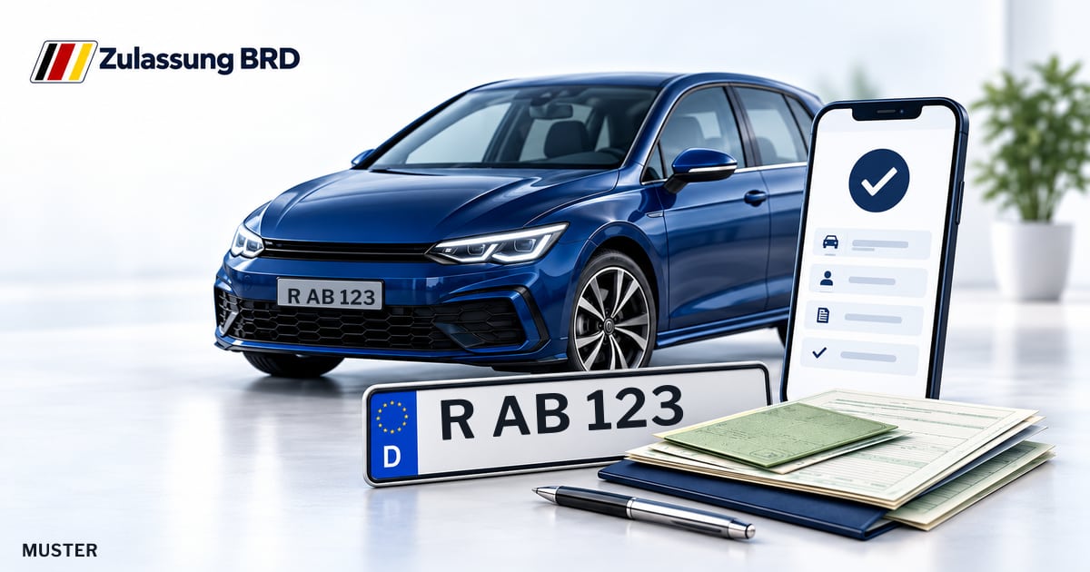 Online Fahrzeugzulassung in Landkreis Regensburg: Musterkennzeichen R AB 123, Auto und Fahrzeugpapiere und Smartphone. Illustration mit Logo von Zulassung BRD.